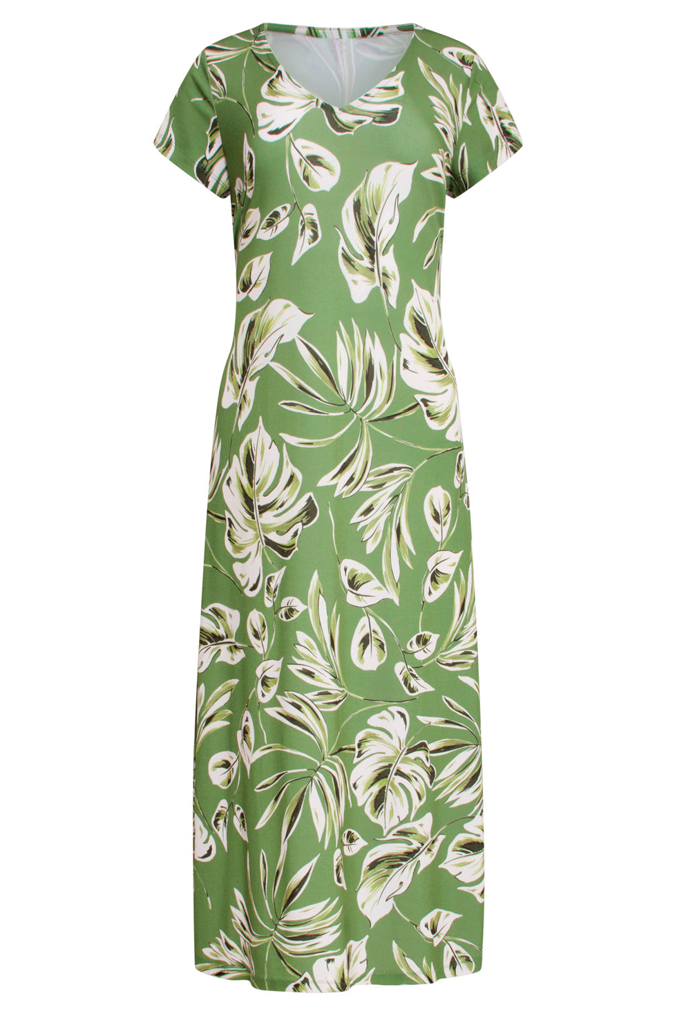 25159 Groene Leaf Print Stretch Midi Jurk