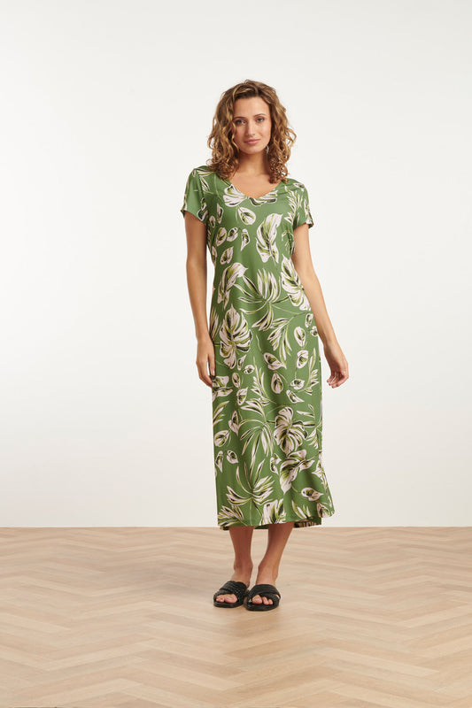 25159 Groene Leaf Print Stretch Midi Jurk